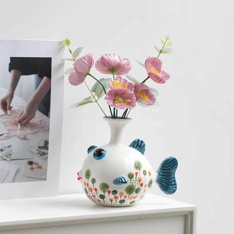 Ceramic Vase Cartoon Fish Hand-painted Wavy Pattern Flower Vase Colorful Fish Pot Terrarium Home Decoration Accessories