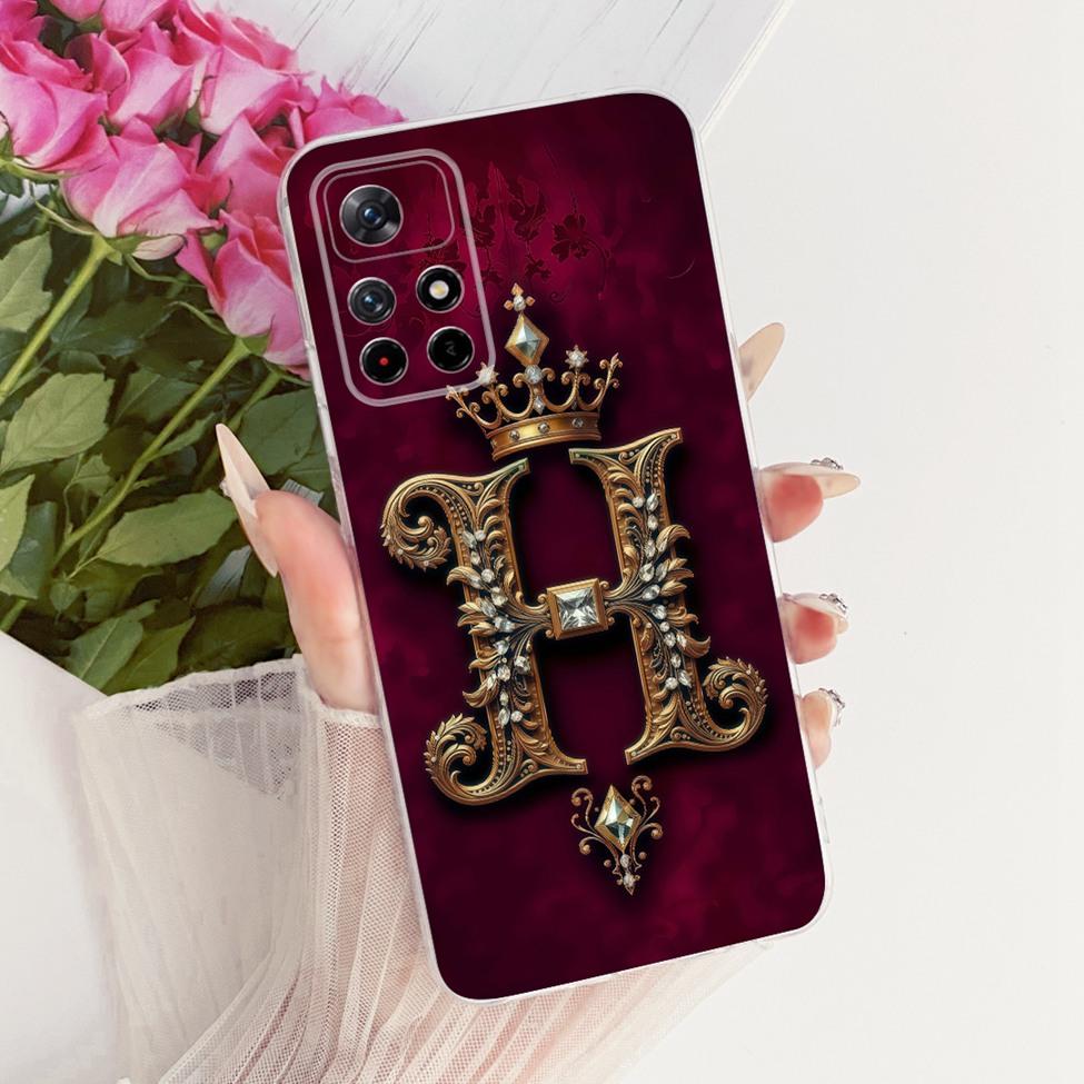 For Xiaomi Poco M4 Pro 5G Case Transparent Luxury Crown A-Z Letters 2D Flat Pattern Soft Phone Case 21091116AG MZB0BGVIN