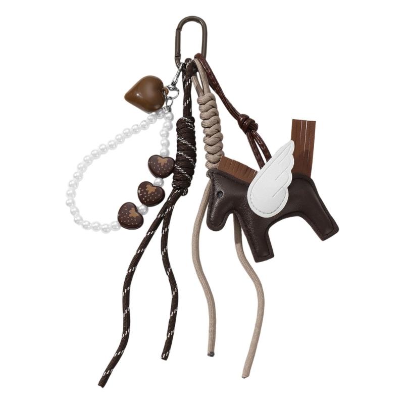 Handmade Brown PU Leather Horse Keychain Bag Charm Key Holder Stylish Animal Figure Keyring for Gift and HandBag Decors