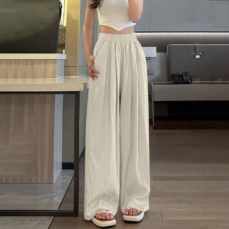 Ice Silk Womens Casual Wide Leg Pants Loose Solid Color Wrinkled