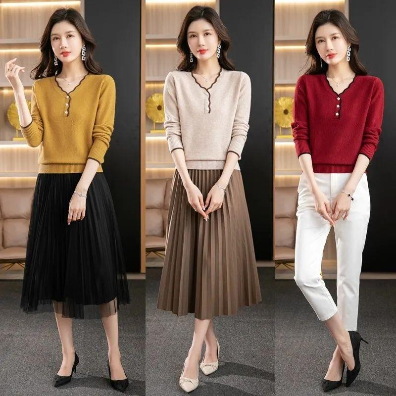 V-neck Sweater Women's Autumn and Winter Casual Long-sleeved Multi-color Base Knitted Sweater Loose Warm Pullover Long-sleeved Top