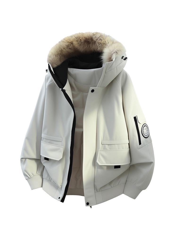 Men's Unisex Windproof Winter Workwear Down Jacket with Warm Hood & Large Fur Collar