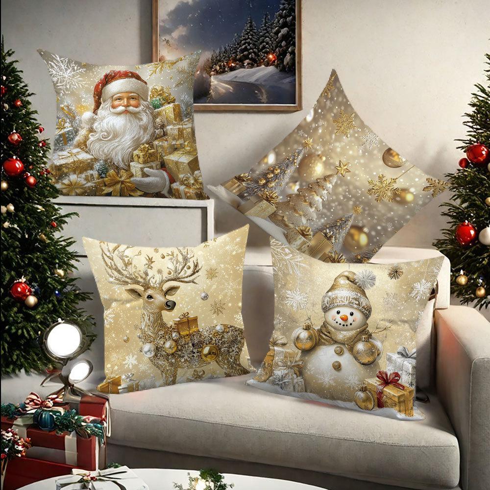 4PCS Christmas Decorative Pillow Cover Reindeer Snowman Cushion Case Sofa Living Room Throw Pillow Sham