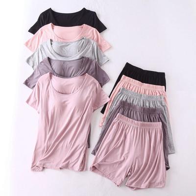 Modal Damen Kurzarm Pyjama Set mit eingebautem BH, Übergröße, kabellos, locker sitzendes Halbarm-Oberteil und Shorts für Homewear