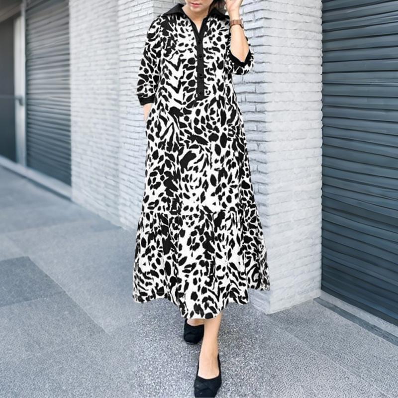 ZANZEA Women Casual Turn Down Collar Loose 3/4 Sleeve Retro Print Long Dress