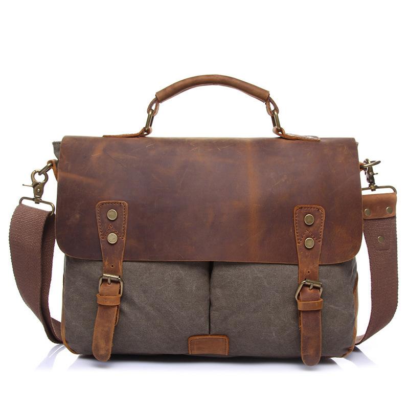 Vintage Leather & Canvas Briefcase for Men, Business Office Portfolio Bag, Document Tote Attache Case