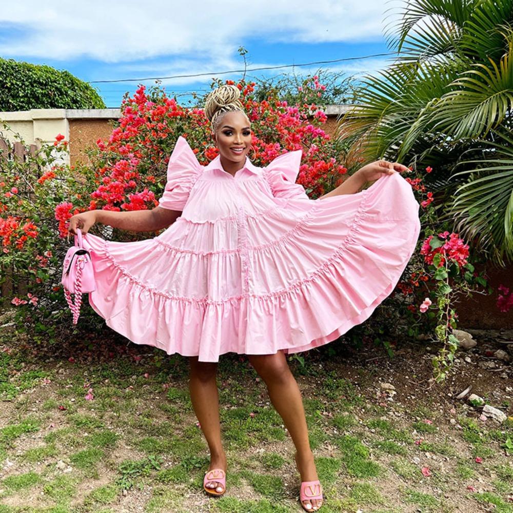 Women's Polo Collar Short Sleeve Loose Fit High Waist Sweet Mini Dress Shirt Dress Solid Cotton Ruffle Tiered Puff Sleeve Summer Casual Flared Dress