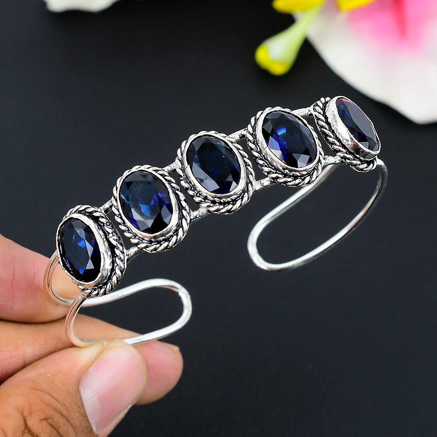 

London Blue Topaz Gemstone 925 Sterling Silver Cuff Bangle Adjustable KG-259