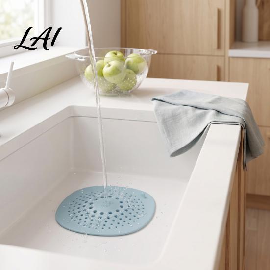 Bathroom Hair Catcher Kitchen Sink Strainer Mat with Suction Cup Food Residue & TPR Drain Filter Floor Cover Anti Clogging Mesh for Odor Proof