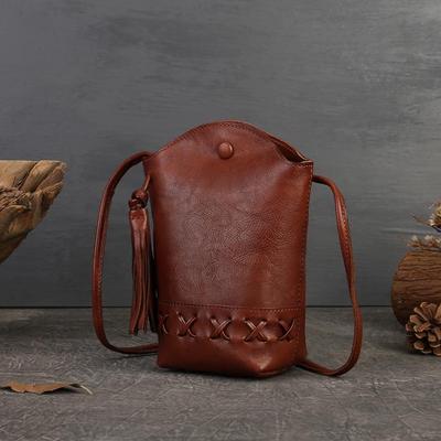 Vintage Echte Leder Gewebte Quasten Bucket Bag - Damen Umhänge- & Schulterhandy-Tasche