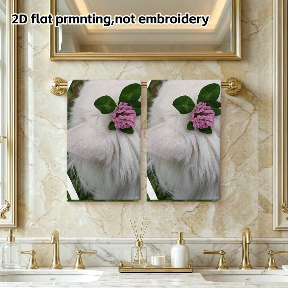 Soft Absorbent Bath Towel, White Cat With Clover Floral Print, Cute Cartoon Hand Towel for Daily Use