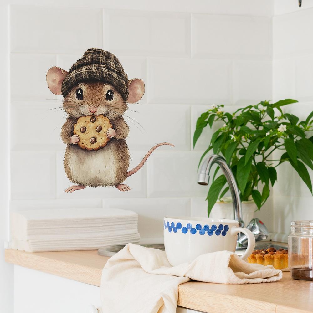 Cartoon Mouse Eating Cookie Wall Sticker for Bedroom Living Room Home Background Decor Self-Adhesive Removable Decal