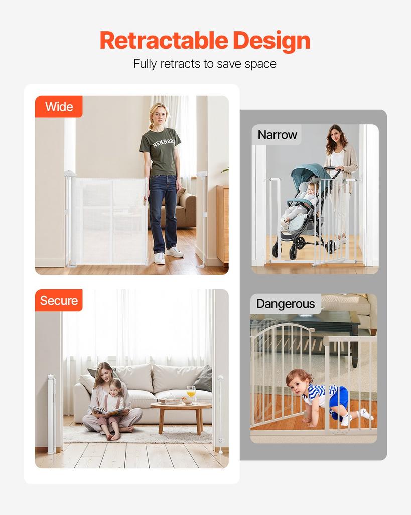 VEVOR Retractable Baby Gate, 870 mm Tall, Extends up to 1400 mm Wide, Retractable Gate for Kids or Pets, Mesh Material