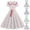 Neues Revers Retro Polka Dot Reparatur und dünner Druck Retro Pendelkleid mit Gürtel