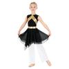 Praise Dance Costume for Kids Girls: Asymmetrical Sleeveless Metallic Dress & Comfortable Wide-Leg Pants with Elastic Waist