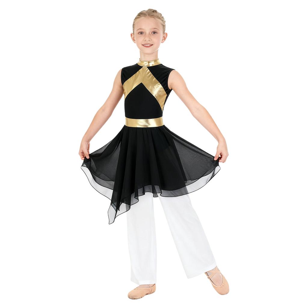 Praise Dance Costume for Kids Girls: Asymmetrical Sleeveless Metallic Dress & Comfortable Wide-Leg Pants with Elastic Waist