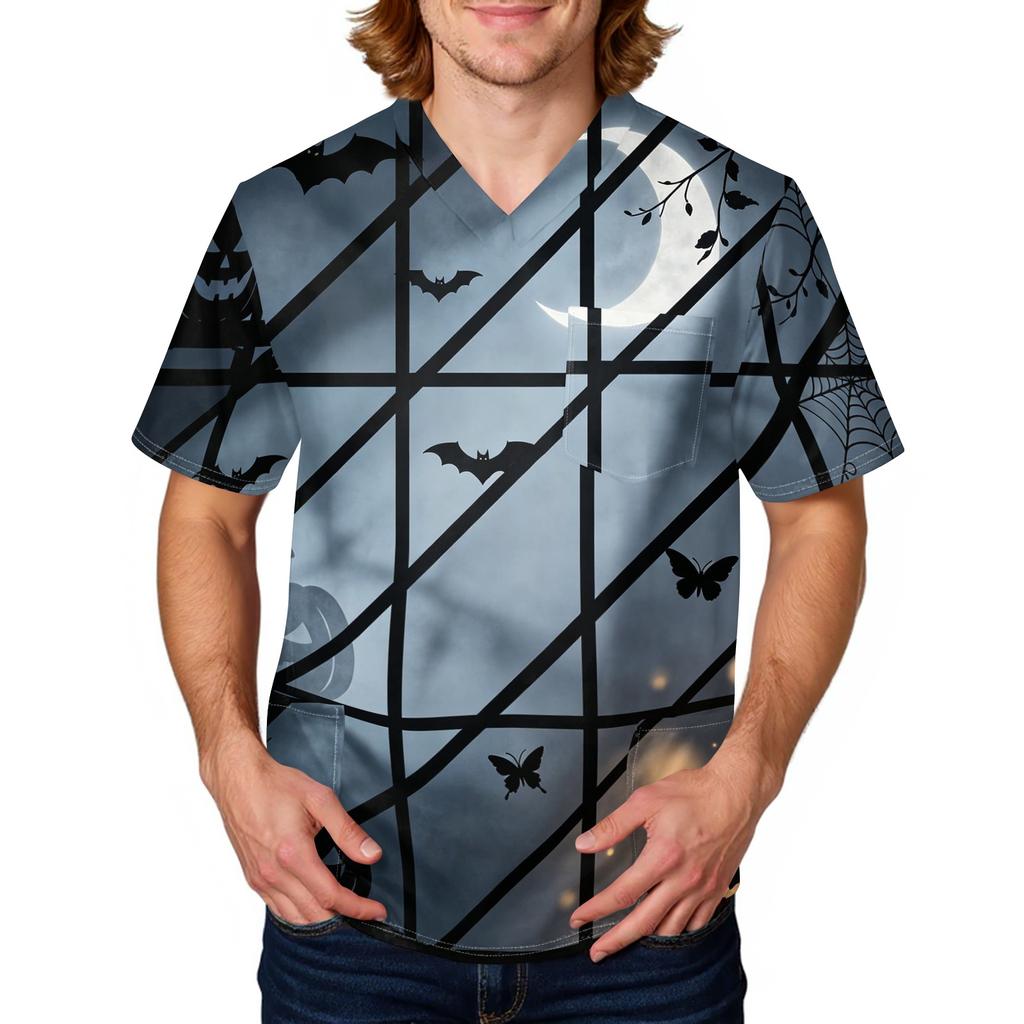 Herren Halloween Print Medizinische Kasack-Oberteil V-Ausschnitt mit Bindeband Taschen Bequeme Passform Tägliche Arbeitskleidung für medizinisches Fachpersonal