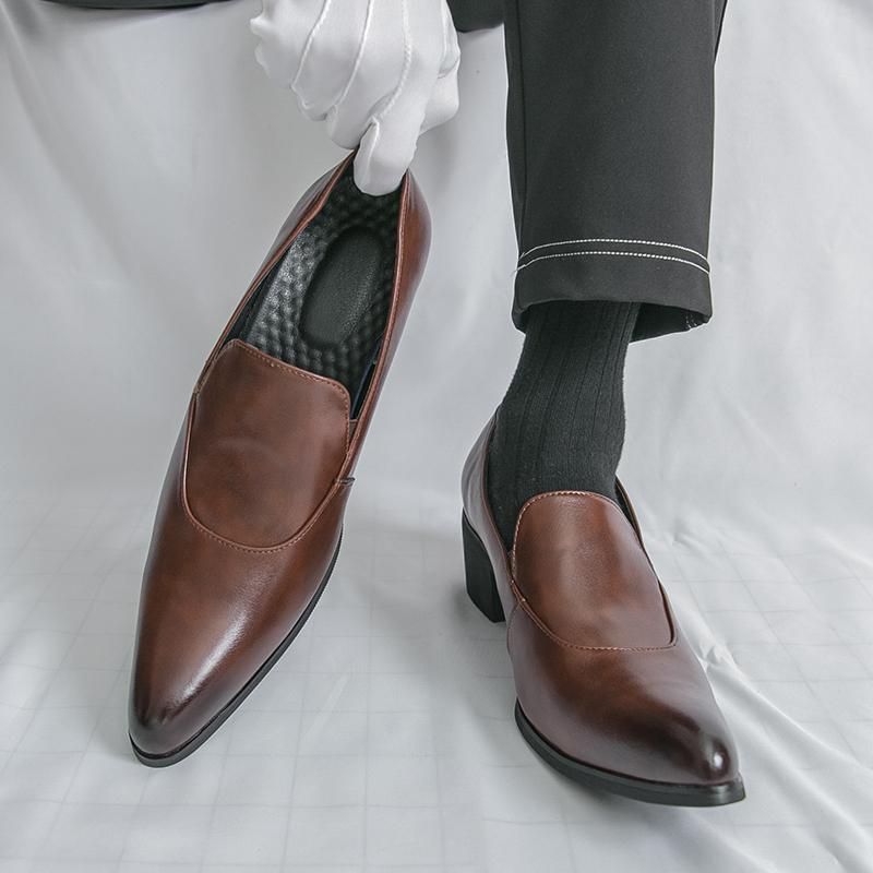 Men Loafers Leather Individuality Formal Business Shoes Pointed Toe Heel Wedding Dress Prom Shoes Over Sized