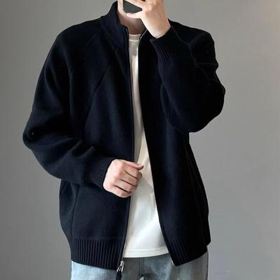 Solid Color Knitted Sweater Jacket Men's Spring and Autumn Lazy High-end Cardigan Japanese Retro Ruffian Handsome Stand-up Neck Sweater