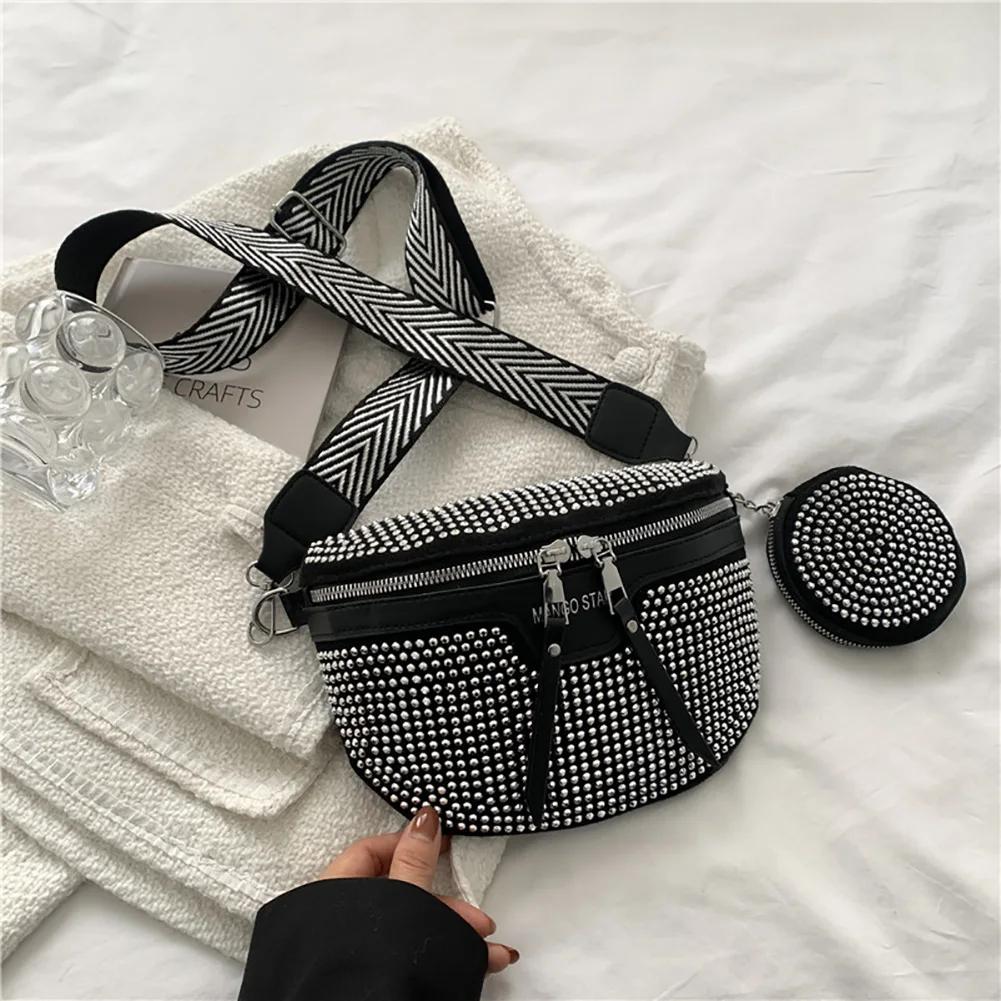 Modische Strass-Taillen-Gürteltasche Schulter-Crossbody PU-Leder Brust-Handy-Tasche Damen Outdoor Business Reisen