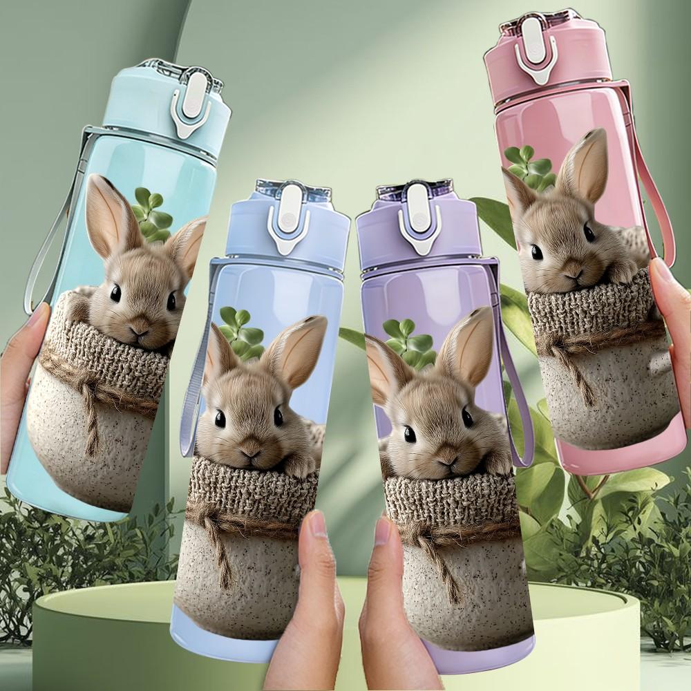 1PC Bunny In Pot Plant Cute Animal Print 750ml Color Plastic Sports Water Bottle Leakproof Flip Straw Lid Suitable for Sports Office Home Use
