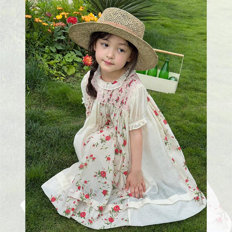 SEVEN BOBI Girls  Korean Style Puff Sleeve Floral Summer Dress 140 cm