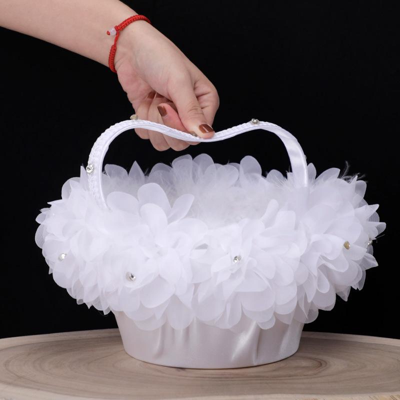 Flower Girl Basket White Small Cloth Baskets with Faux Lace Flowers Decor for Wedding Ceremony Party Desktop Decor