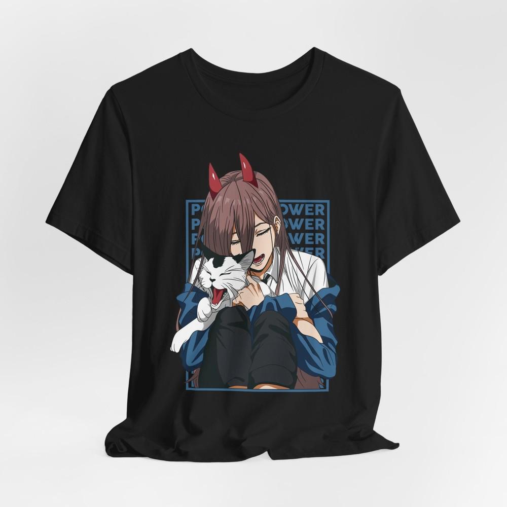 Cute Cat Anime T-Shirt Tee Tops, Kawaii Power T-Shirt for Cat Lovers, Unisex Jersey Short