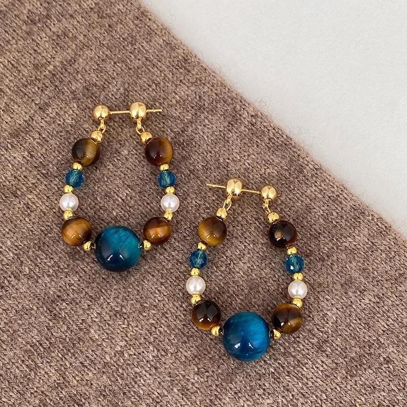 

Vintage Handmade Beaded Earrings for Women Mix Color Tiger Eyes Stone Crystal Pearl Beads Drop Earrings Elegent Luxury Jewelry