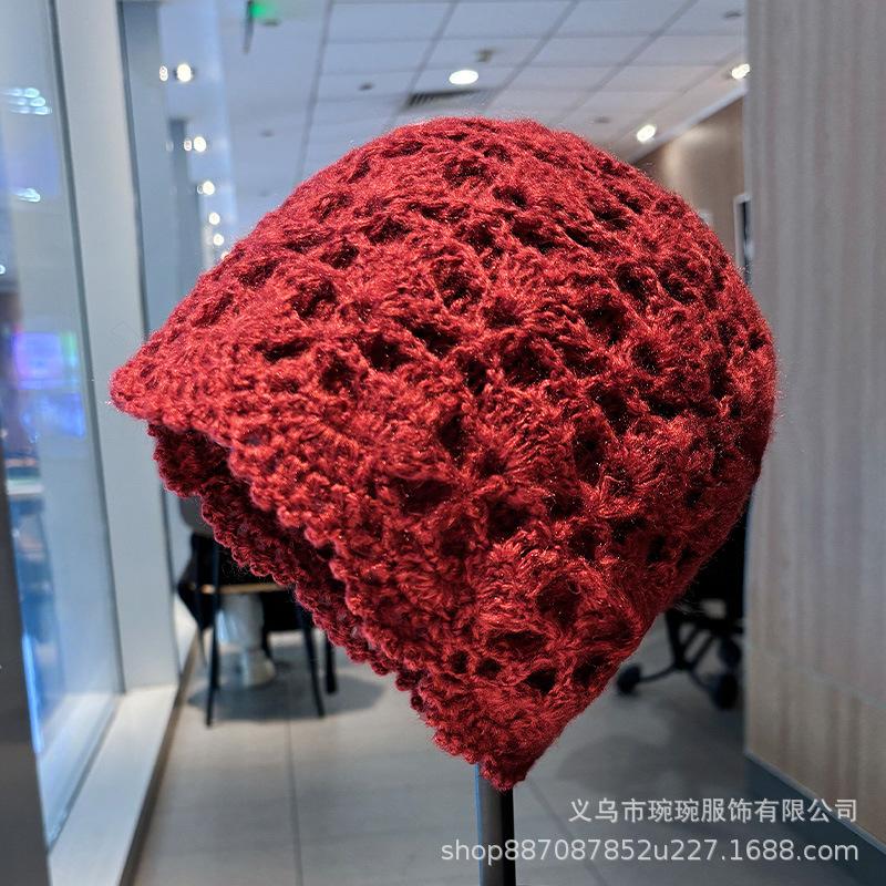 Spring and Autumn Hollow Double Layer Cotton Thread Handmade Crochet Baotou Hat Female Elegant Retro Sweet Decorative Knitted Cold Hat