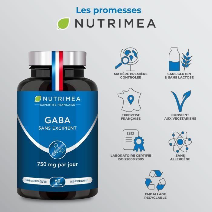 Gaba 750 mg/j - calme - favorise le sommeil - complément alimentaire - 60 gélules végétales- fabrication française - nutrimea
