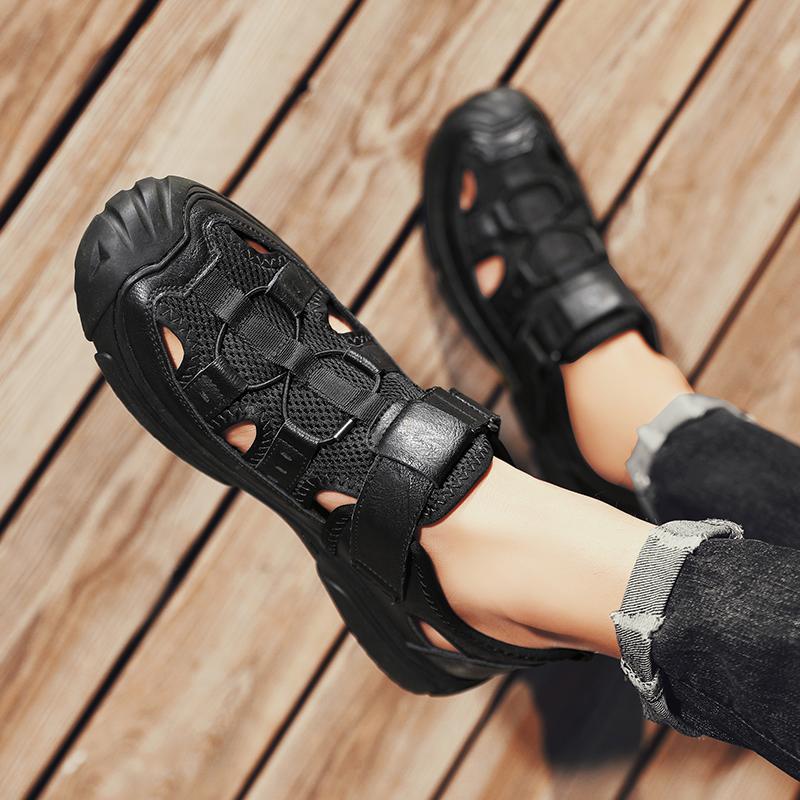 FashionBrand Black Men's Leather Sandals 2024 Summer Quality Beach Slippers Casual Shoes Flat Bottomed Outdoor Beach Shoes