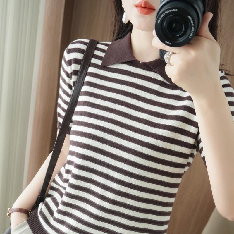 Dame Sommerstrikket Polosweater med Striper - Kortarmet Bomulls-T-skjorte med Søt, Komfortabel Stil
