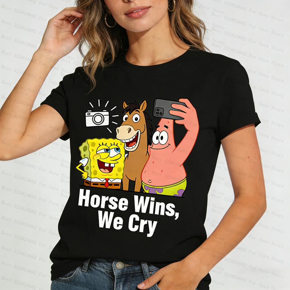 

Hot Sale SpongeBob Patrick Horse Selfie T Shirt Women Casual Funny Cartoon Horse Wins We Cry Print Short Sleeve Cotton Tee S