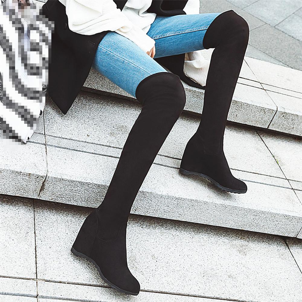 Fashion Women Over The Knee Boots Height Increasing Heels Slim Long Boots Black Brown Wine Red Flock Lady Winter Shoes Big Size 33-44
