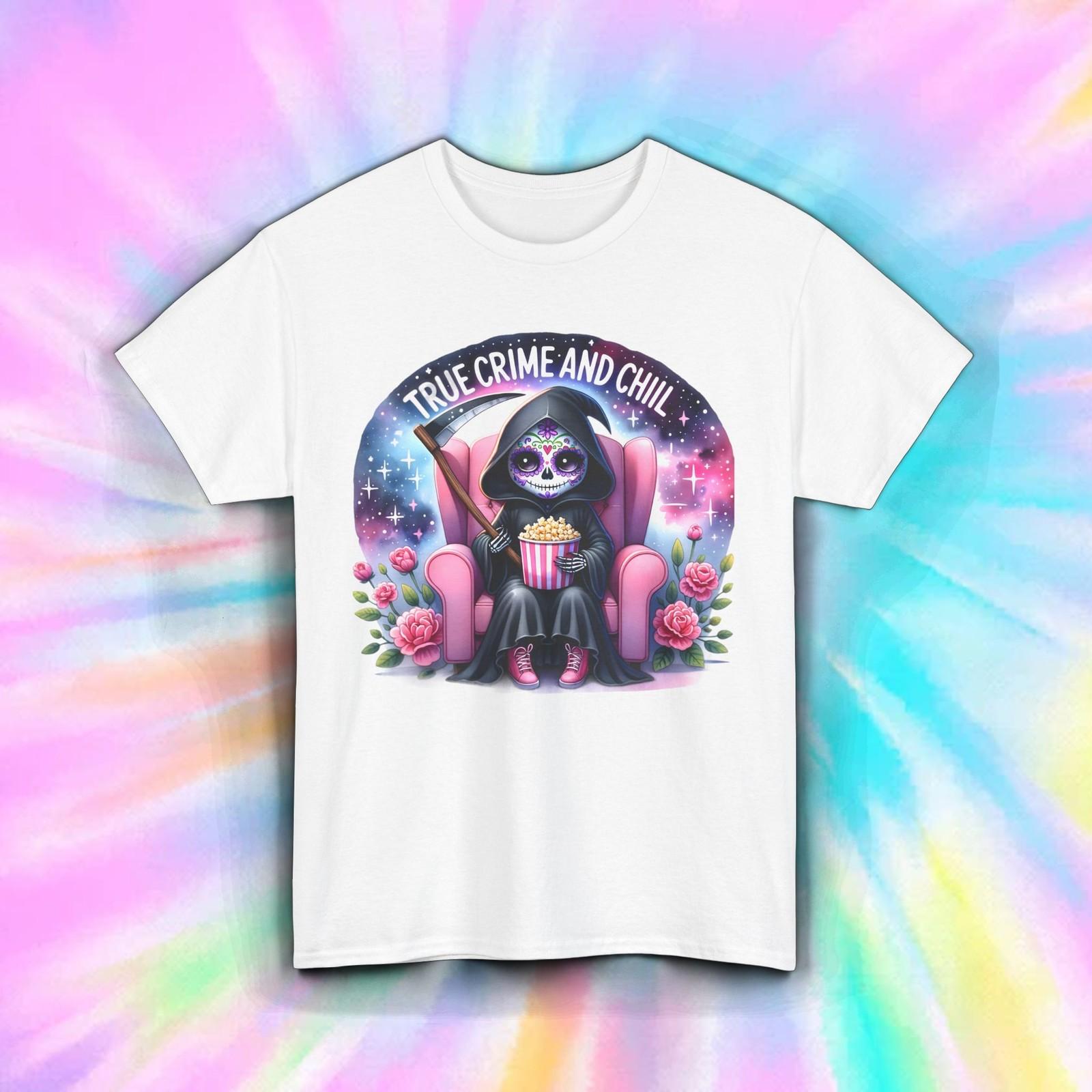 True Crime and Chill Shirt Grim Reaper Funny Popcorn Cozy Tee S-5XL S разноцветный