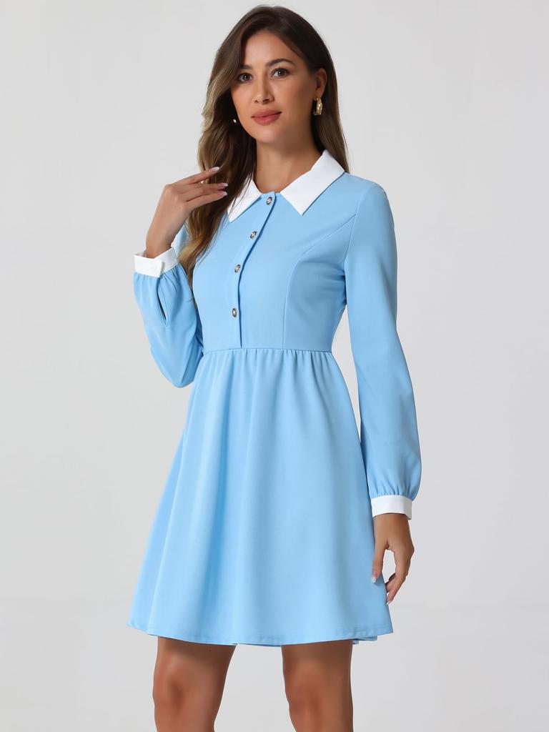 Allegra K Women's Light Blue A-Line Short Dress with Long Sleeves, Vintage Design, Round Collar, and Contrast Half Placket, Size L