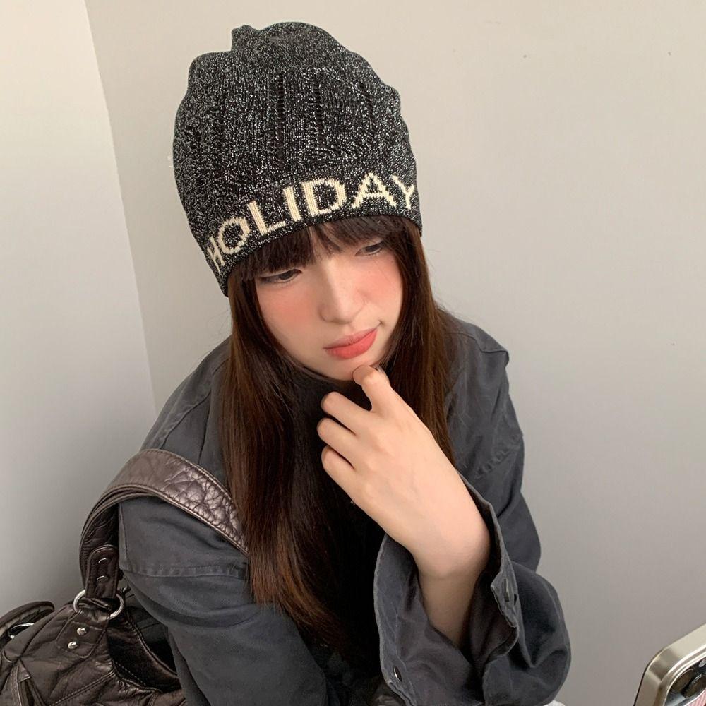 Vintage Letter Beanie Hat Hollow Woven Cap Punk Sequin Knitted Hat  Spicy Girls