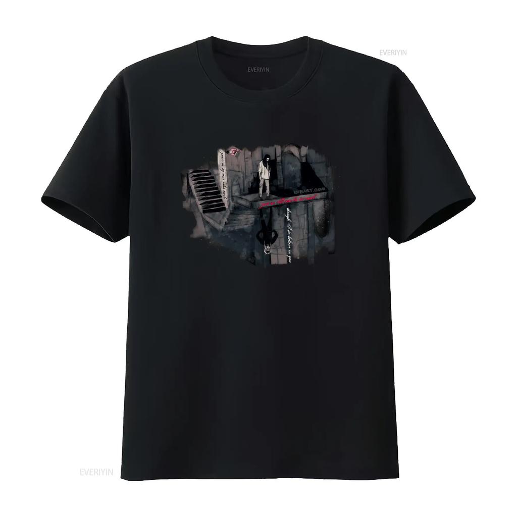 Dark Gothic Sketch Piano Stair Mirror Figure Print Streetwear Casual T Shirt vintage Washed designer clothes Versatile homme