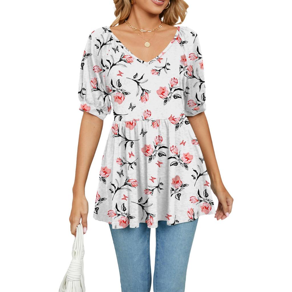 Summer Women's T-shirt V-neck Printed T-shirt Bubble Short Sleeve Drawstring Tops