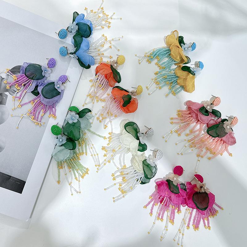 Exaggerated Big Fluffy Fabric Flower Beads Pendant Earrings for Women Trendy Wedding Drop Earring 2023 Bohemia Jewelry Accessory