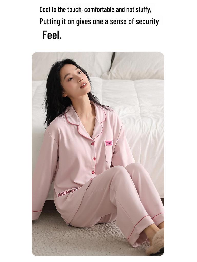 Women's Plus-Size Pure Cotton Long Sleeve Pajama Set with Breast Pads - High-End Spring/Autumn Home Wear