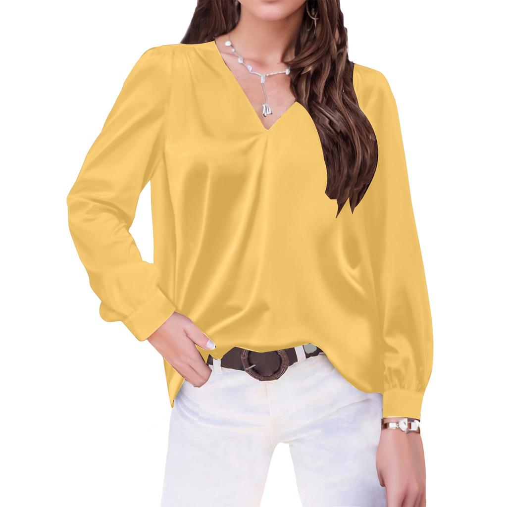 Women's V,Neck Casual Loose Satin Ruched Long Sleeve Work Blouse