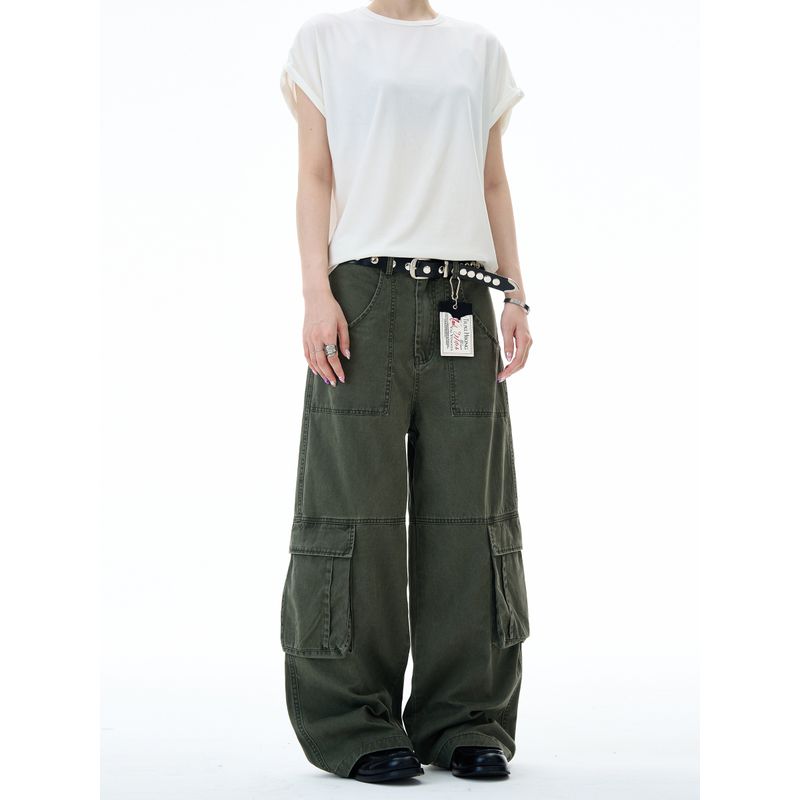Madwitch American Retro Loose Straight-Leg Multi-Pocket Cargo Pants for Men and Women Vintage Washed Pants