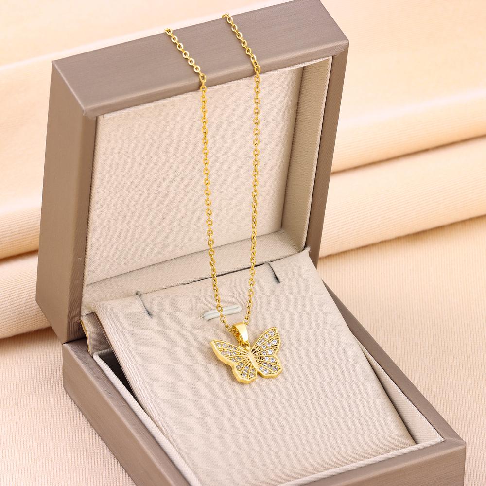 New Gold Plated Sweet Zircon Crystal Butterfly Pendant Necklaces For Women Trendy Ladies Stainless Steel Neck Chain Jewelry
