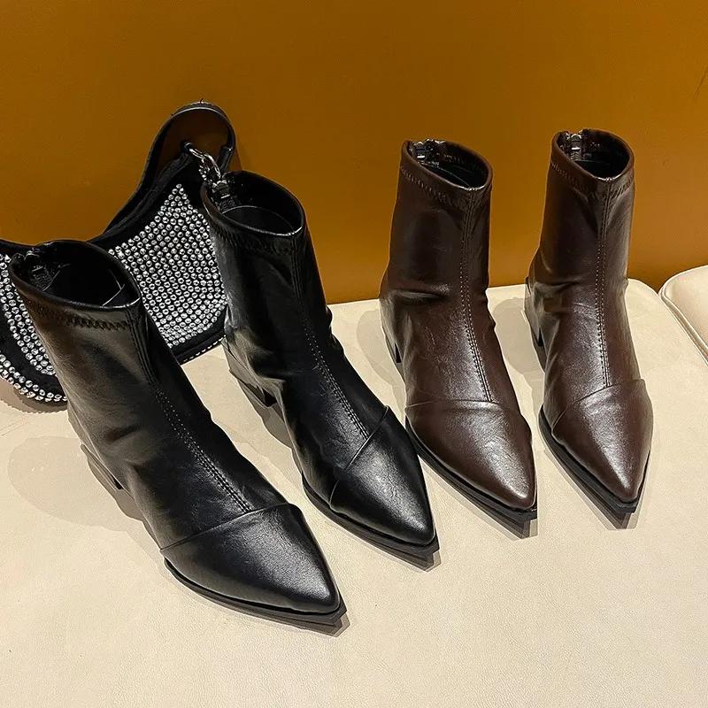 2025Autumn New Fashion Women Ankle Boots Shoes Fashion Pointed Toe  Square Low Heels Casual Winter  Footwear