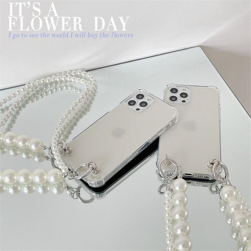 Pearl Bracelets Chain Case with Lanyard Aesthetic Luxury Phone Case for iPhone 17 16 15 14 13 12 11 Pro Max Back Cover