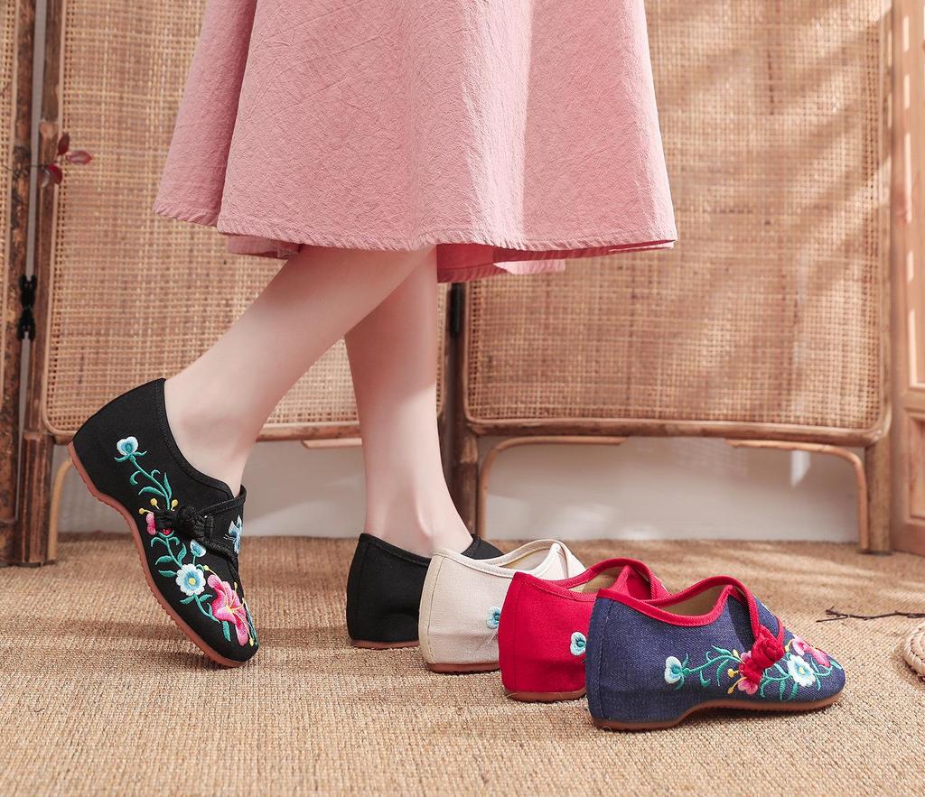 Women's Spring & Autumn Canvas Flats with Morning Glory Embroidery