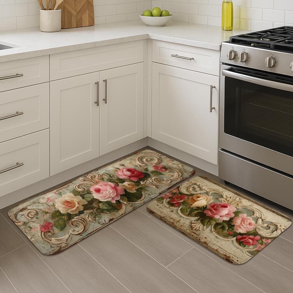 1 Stück Anti-Ermüdungs-Küchenteppiche, Vintage-Blumendruck, wasserdicht, rutschfest, dick gepolstert, Küchenmatte, strapazierfähig, bequeme Stehmatte für die Küche