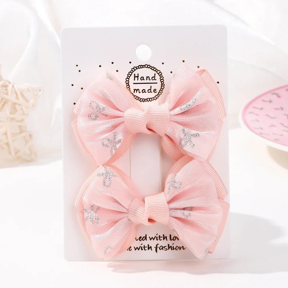 2PCS /Set Embroidery Bowknot Hair Clips 2.7inch Cheer Bows Handmade Hairgripes for Kids Girls Headdress Hair Accessories